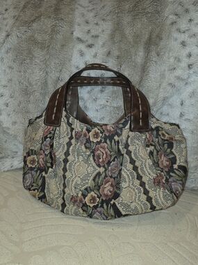 Tapestry Floral Handbag with Brown Leather Handles